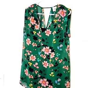 Cabi Floral V Neck Green Pink Flowers Camisole, Black Cami Tank Lining, Size M